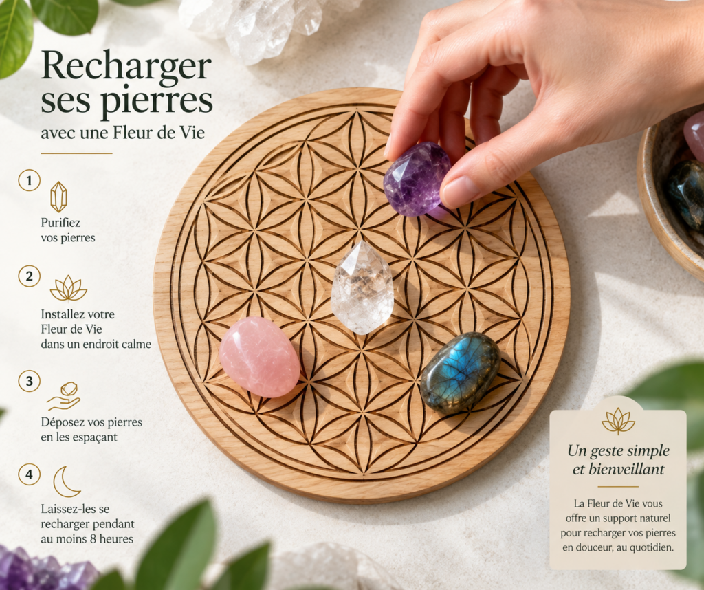 Rechargement des pierres avec une Fleur de Vie