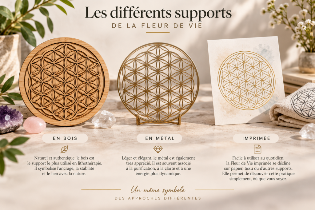 Fleur de Vie en bois, métal et support imprimé