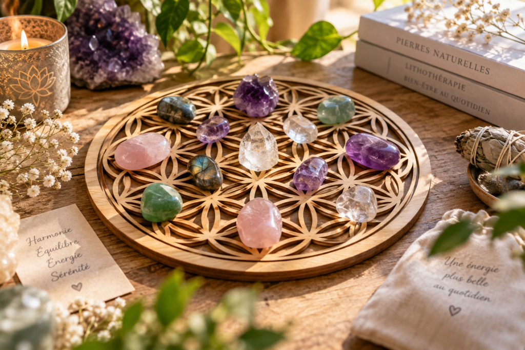 Fleur de Vie en bois avec pierres naturelles en lithothérapie